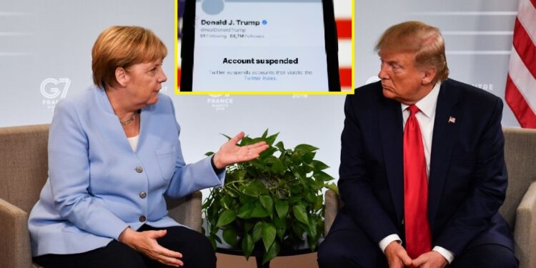 German Chancellor Angela Merkel (L) and US President Donald Trump speak during a bilateral meeting in Biarritz, south-west France on August 26, 2019, on the third day of the annual G7 Summit. (Photo by Nicholas Kamm / AFP)