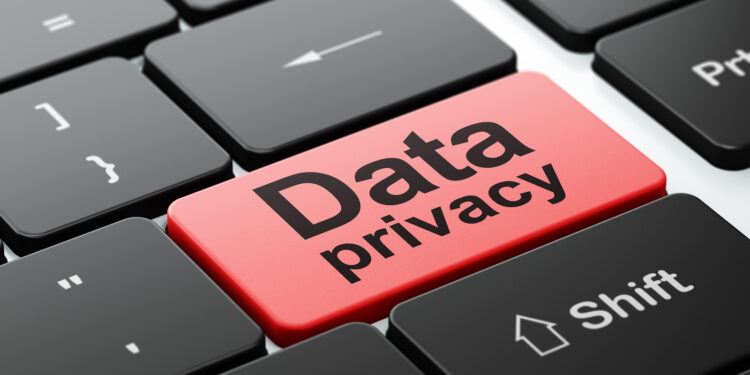 Privacy concept: computer keyboard with word Data Privacy, selected focus on enter button background, 3D rendering